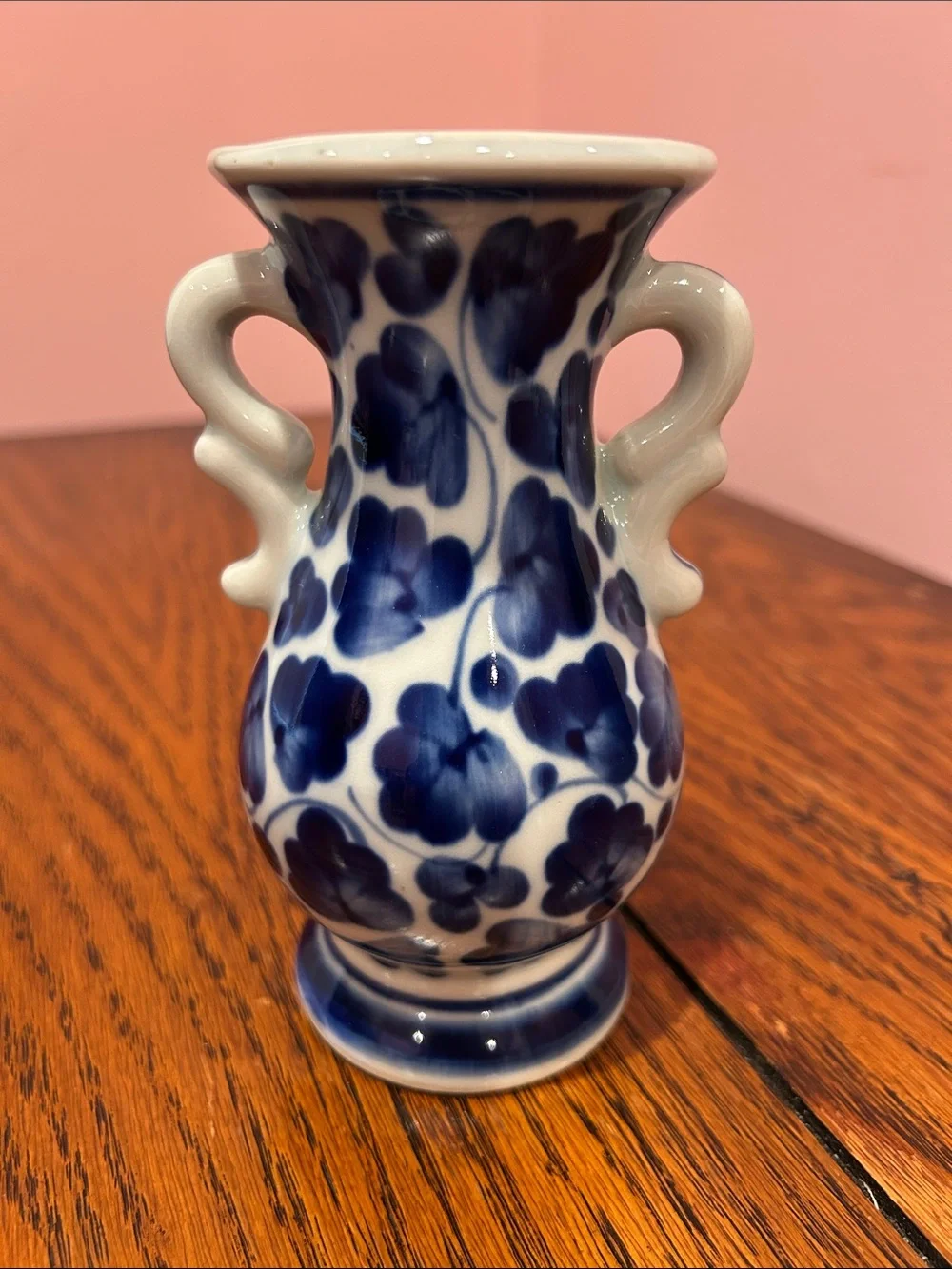 Blue and White Ceramic Mini Vase with Double Handles